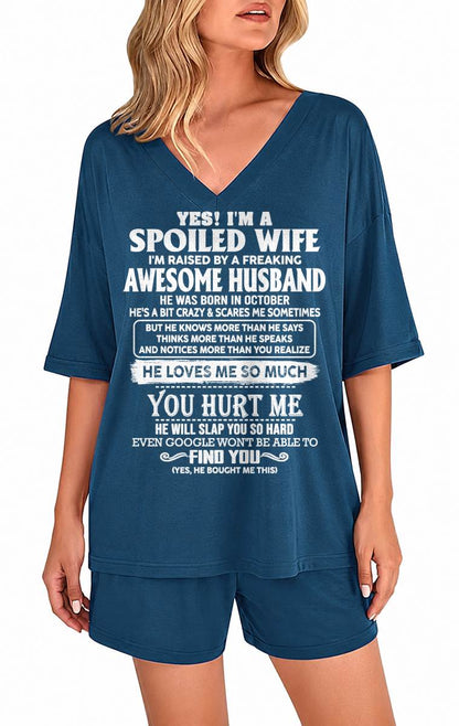 Ribbed V-Neck Lounge Set A09-764. OCTOBER, I'M A SPOILED WIFE OF AN AWESOME MAN - GIFT SHIRT FROM HUSBAND TO WIFE (SKU2607-175-10)
