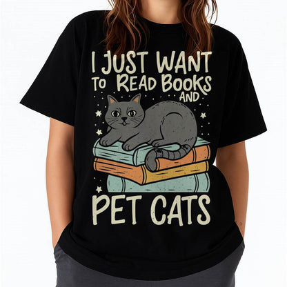 Retro I Just Want to Read Books and Pet Cats Cat T-Shirt