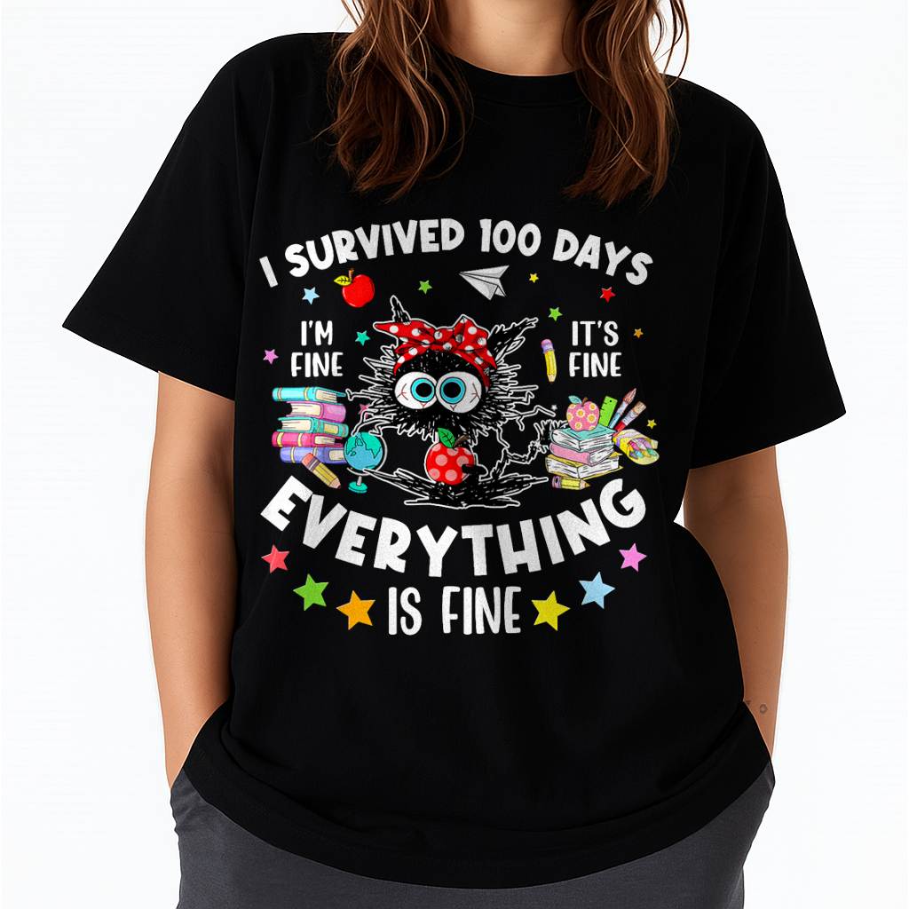I Survived 100 Days of School Teacher Kids Funny Cat Lover T-Shirt