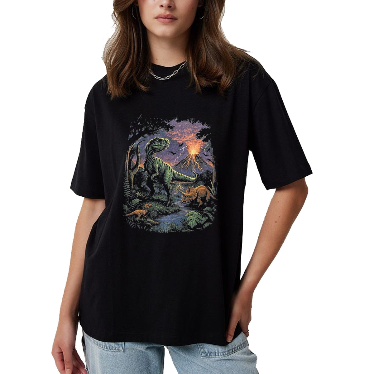 Best Dinosaur Lover Shirt, Funny Dinosaur UnisexT-Shirt/Hoodie/Sweatshirt HLT00 - Vintage Dinosaur 90s T Rex and Triceratops Volcano Nature T-Shirt, Men, Black, 3X-Large