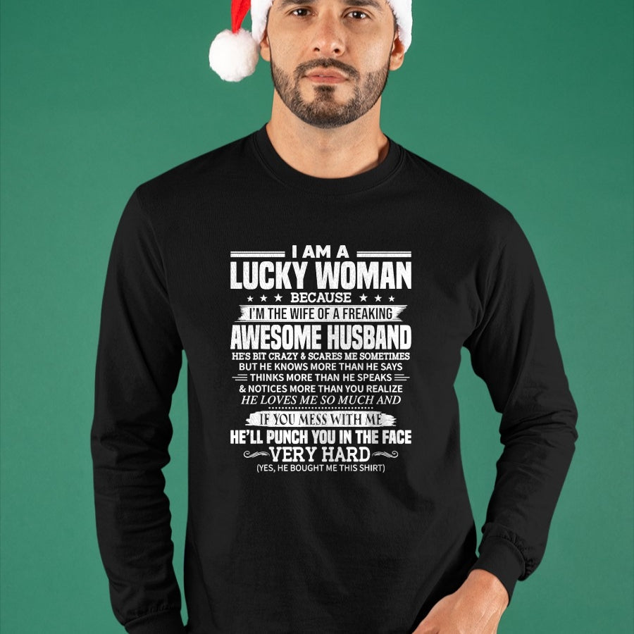 Best Wife Shirt, Wife and Husband Unisex T-Shirt/Hoodie/Sweatshirt HLT00 - Gift for wife T shirt, lucky wife   A Lucky Woman I'm the wife of a freaking awesome husband T-Shirt (1)