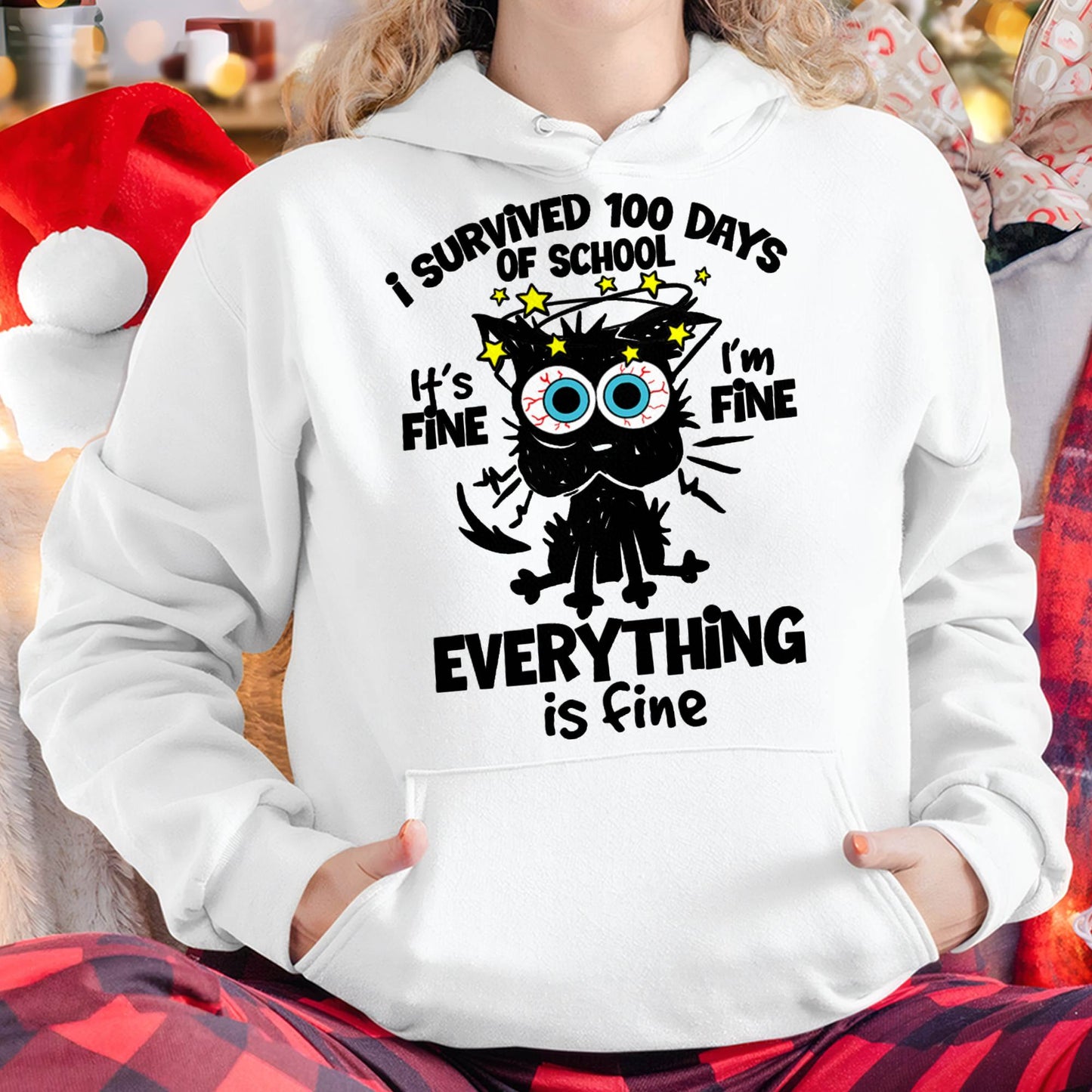 I Survived 100 Days of School It's Fine I'm Fine 100th Day Cat T-Shirt