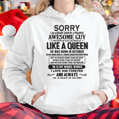 October - Sorry I am already taken by a freaking awesome guy - Gift for Wife From Husband - SNOW10 (SKU08-25-10)