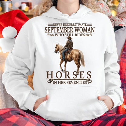 SEPTEMBER SHIRT, A WOMAN WHO STILL RIDES HORSES IN HER SEVENTIES - SNOW09 (SKU2604-287-09)