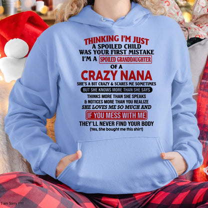 SPOILED GRANDDAUGHTER OF A CRAZY NANA T-SHIRT - From grandma to granddaughter - snow00 (SKU07-129-00)