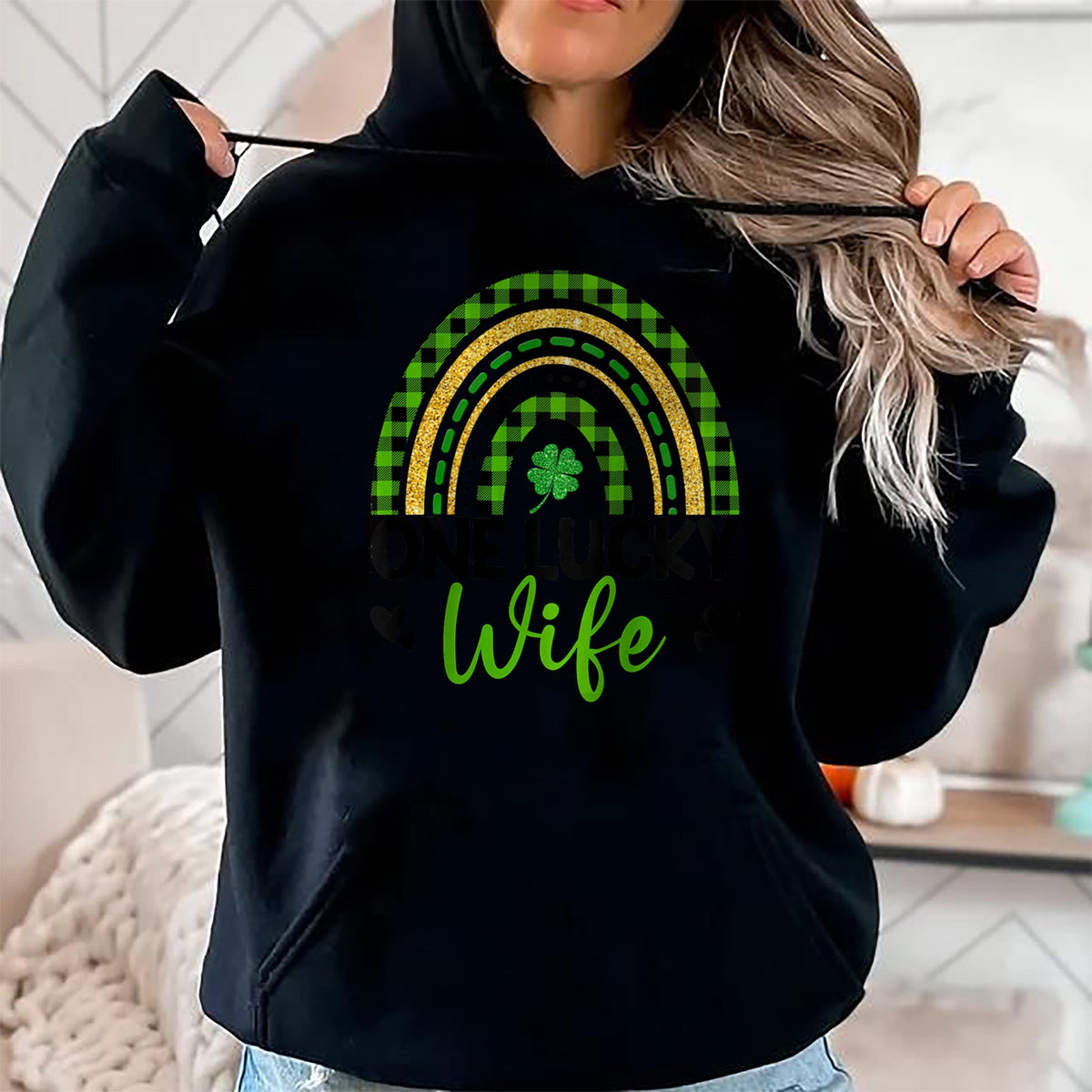 Best Wife Shirt, Wife and Husband Unisex T-Shirt/Hoodie/Sweatshirt HLT00 - Gift for wife T shirt, lucky wife   Womens One Lucky Wife Boho Rainbow St Patricks Day Shamrock Ragl