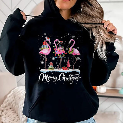 Merry Christmas Hat Santa Flamingo Light Christmas Snow T-Shirt - Christmas Unisex T-Shirt/Hoodie/Sweatshirt - SNOW00