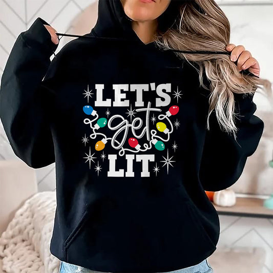 Let's Get Lit Drinking Santa Hat Christmas Lights Funny T-Shirt - Christmas Unisex T-Shirt/Hoodie/Sweatshirt - SNOW00
