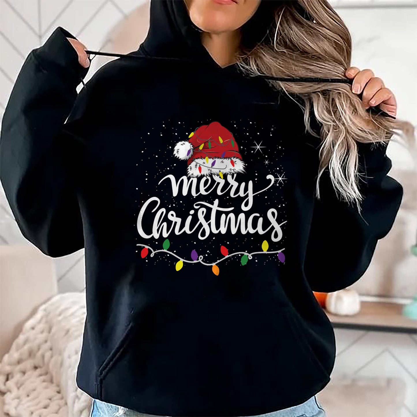Merry Christmas Lights Red Santa Hat Xmas Family Men Women Pullover - Christmas Unisex T-Shirt/Hoodie/Sweatshirt - SNOW00