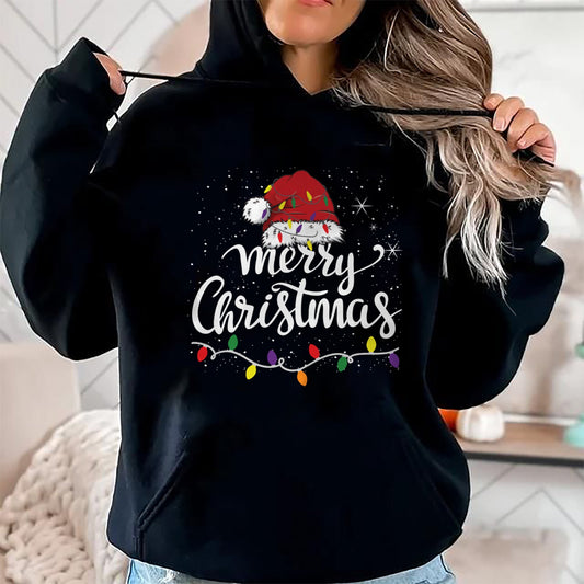 Merry Christmas Lights Red Santa Hat Xmas Family Men Women Pullover - Christmas Unisex T-Shirt/Hoodie/Sweatshirt - SNOW00