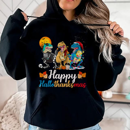 Halloween Thanksgiving Christmas Happy HalloThanksMas T rex T-Shirt - Christmas Unisex T-Shirt/Hoodie/Sweatshirt - SNOW00