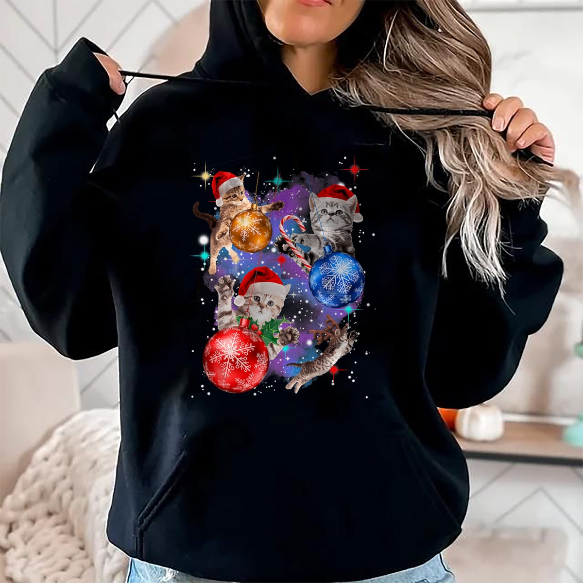 Cute Christmas Cats In Space Ornaments Graphic T-Shirt - Christmas Unisex T-Shirt/Hoodie/Sweatshirt - SNOW00