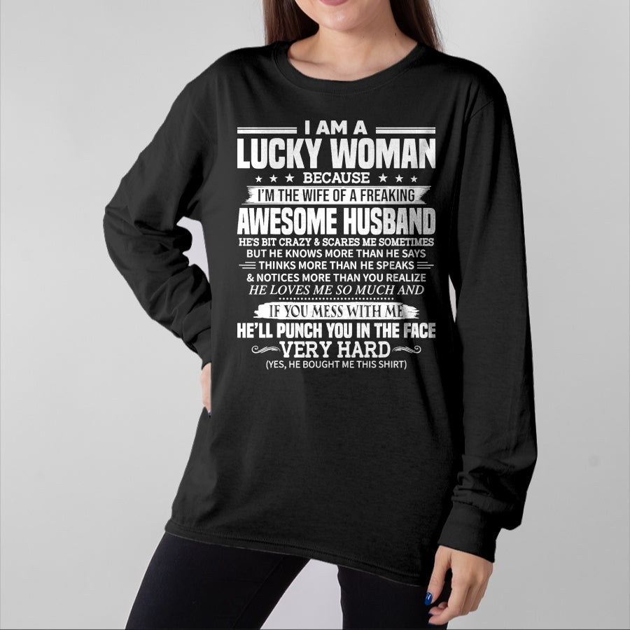 Best Wife Shirt, Wife and Husband Unisex T-Shirt/Hoodie/Sweatshirt HLT00 - Gift for wife T shirt, lucky wife   A Lucky Woman I'm the wife of a freaking awesome husband T-Shirt (1)