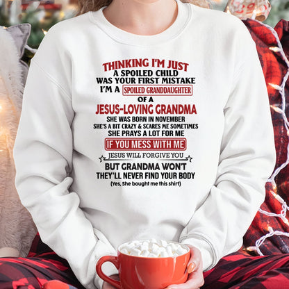 Christian Girl Shirt – Spoiled by Grandma November Edition – From Grandma to Granddaughter snow11 (SKU07-181-11)