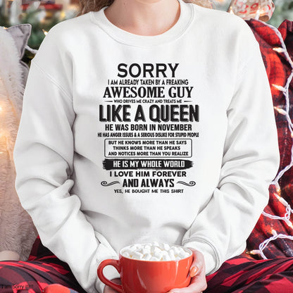 November - Sorry I am already taken by a freaking awesome guy - Gift for Wife From Husband - SNOW11 (SKU08-25-11)