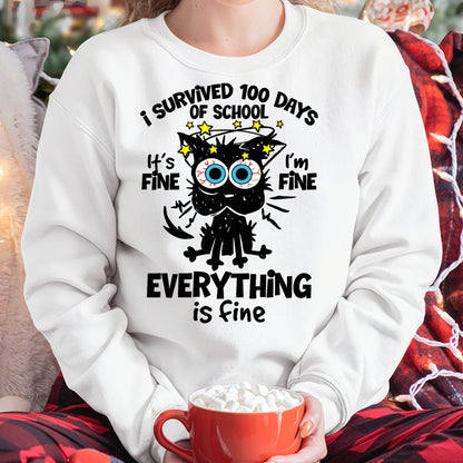 I Survived 100 Days of School It's Fine I'm Fine 100th Day Cat T-Shirt