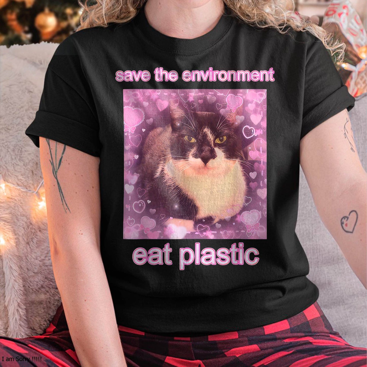 Save The Environment Eat Plastic Funny Cute Cat Meme T-Shirt