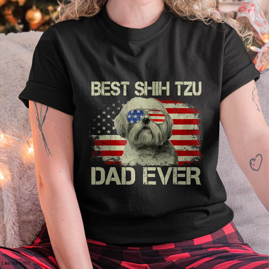 Best Shih Tzu Dad Ever Tshirt Dog Lover American Flag Gift T-Shirt