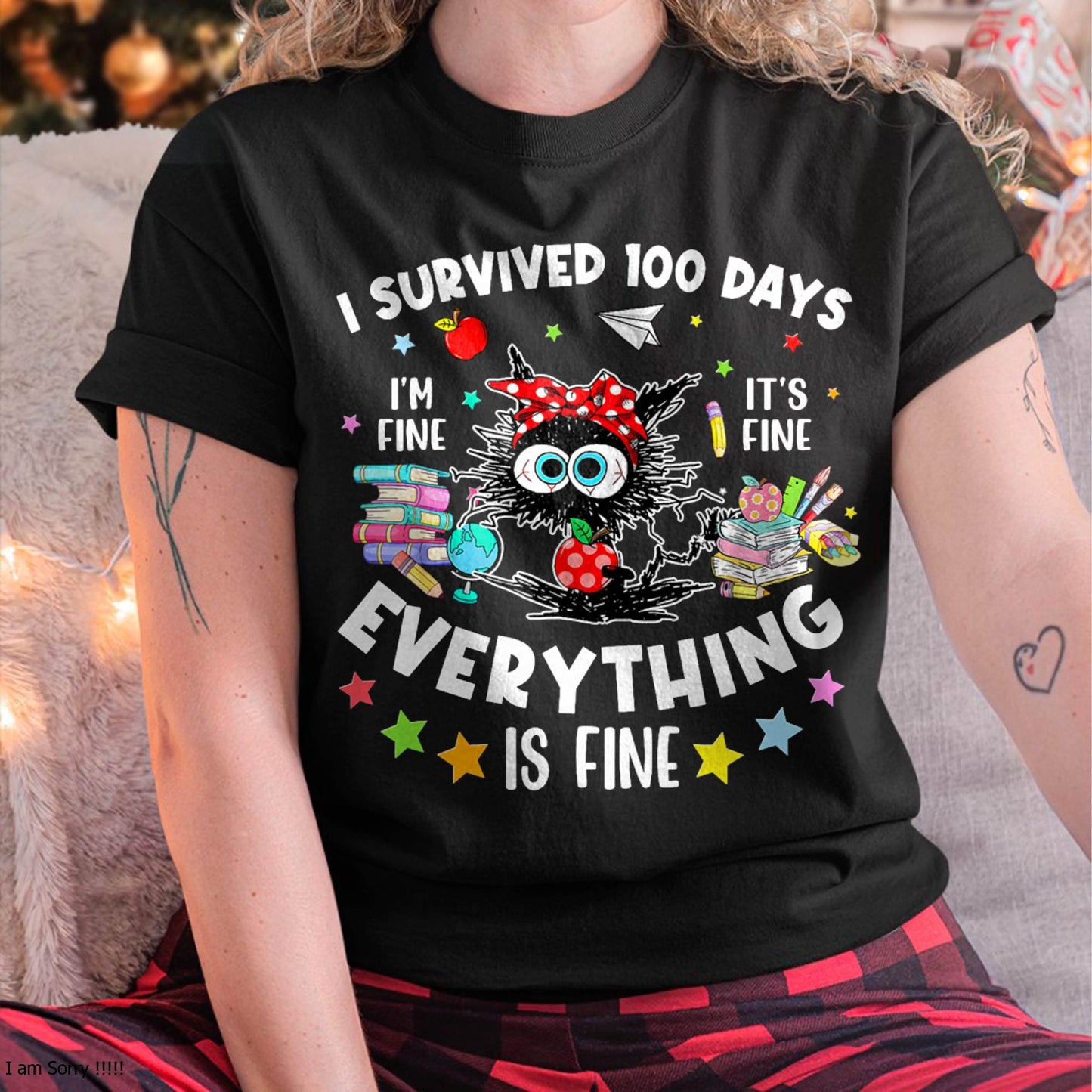I Survived 100 Days of School Teacher Kids Funny Cat Lover T-Shirt