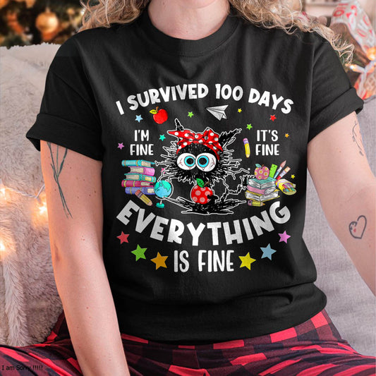 I Survived 100 Days of School Teacher Kids Funny Cat Lover T-Shirt