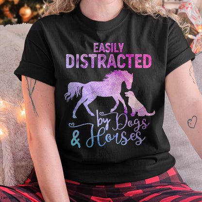Funny Horse Women Girls Easily Distracted By Dogs & Horses T-Shirt