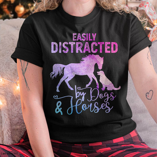 Funny Horse Women Girls Easily Distracted By Dogs & Horses T-Shirt