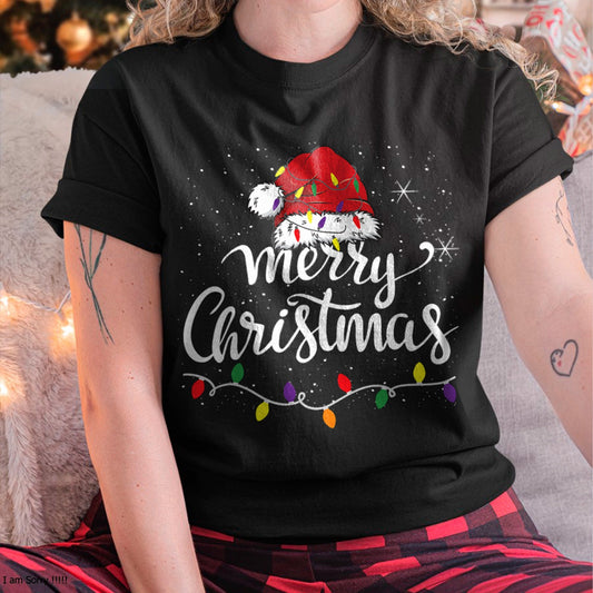 Merry Christmas Lights Red Santa Hat Xmas Family Men Women T-Shirt (SKU-MRCM-3) FMA male