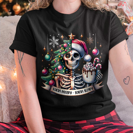 Sorta Merry Sorta Scary Skeleton Hot Cocoa Christmas Pajamas T-Shirt for men women (SKU-MRCM-1) FMA