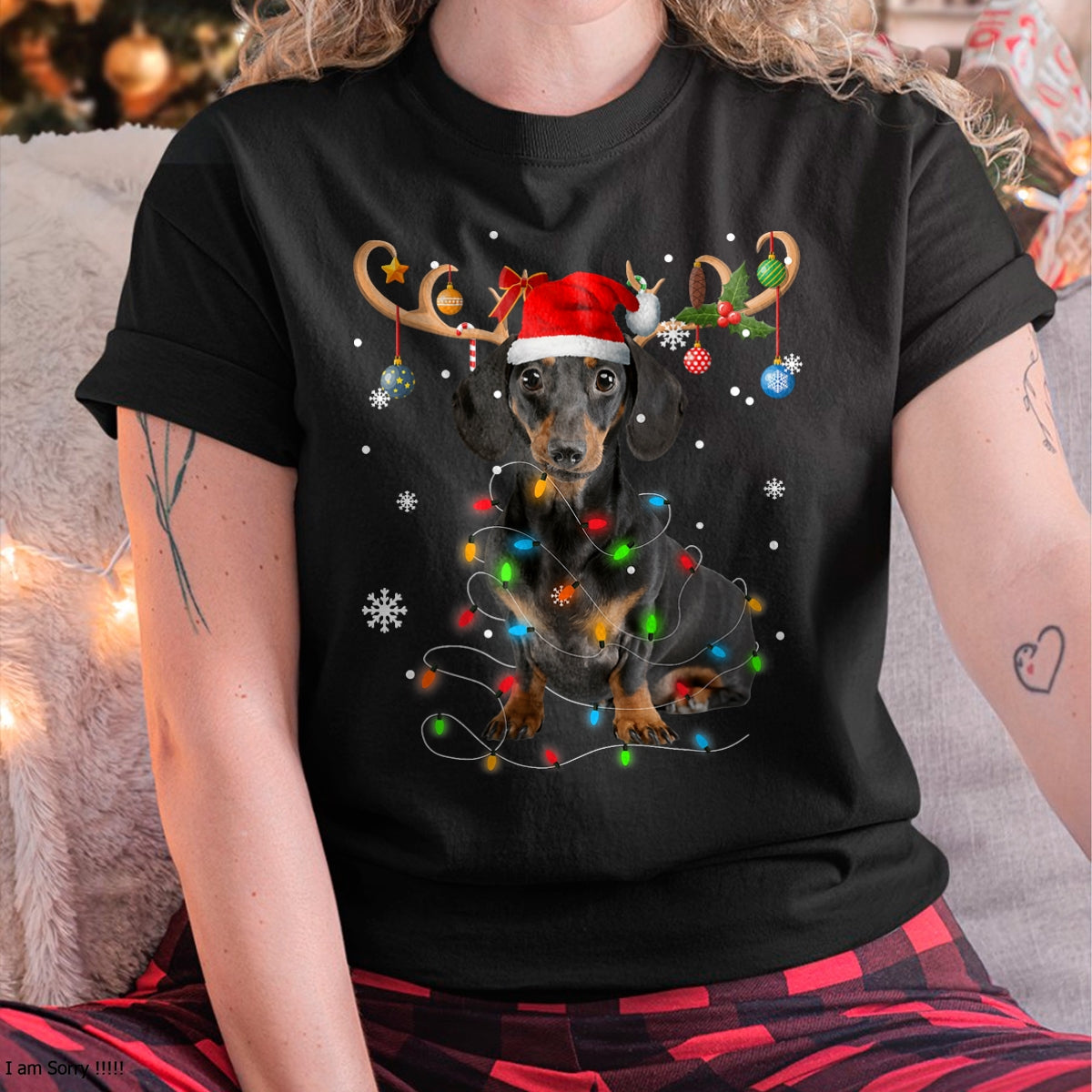 Funny Dachshund Christmas Reindeer Christmas Lights Pajama T-Shirt - Christmas Unisex T-Shirt/Hoodie/Sweatshirt - SNOW00