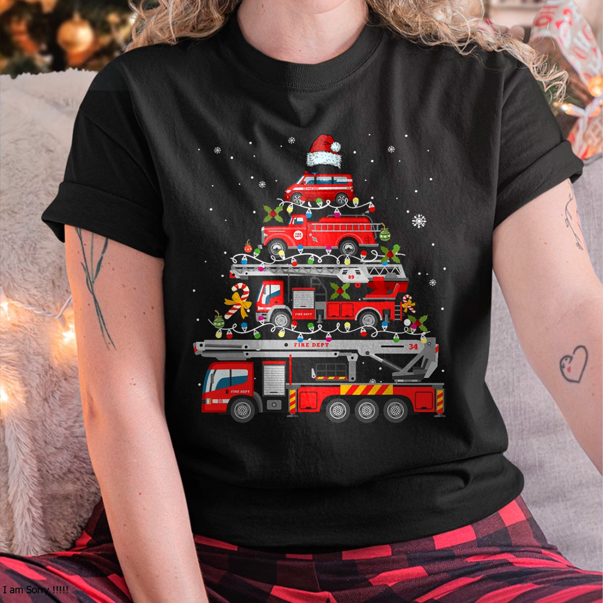 Firefighter Fire Truck Christmas Tree Lights Santa Fireman T-Shirt - Christmas Unisex T-Shirt/Hoodie/Sweatshirt - SNOW00