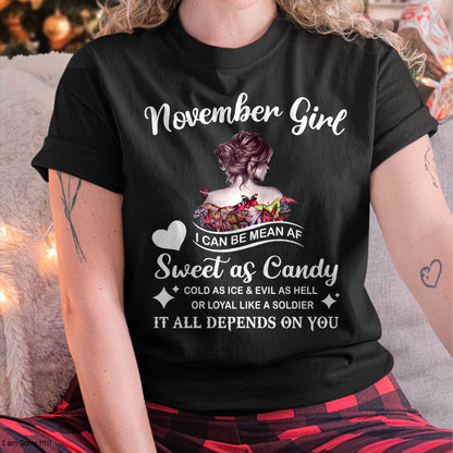 November Girl T-Shirt – Sweet As Candy, Cold As Ice - Birthday Gift for Women - SNOW11 (SKU26T-01-38-11)