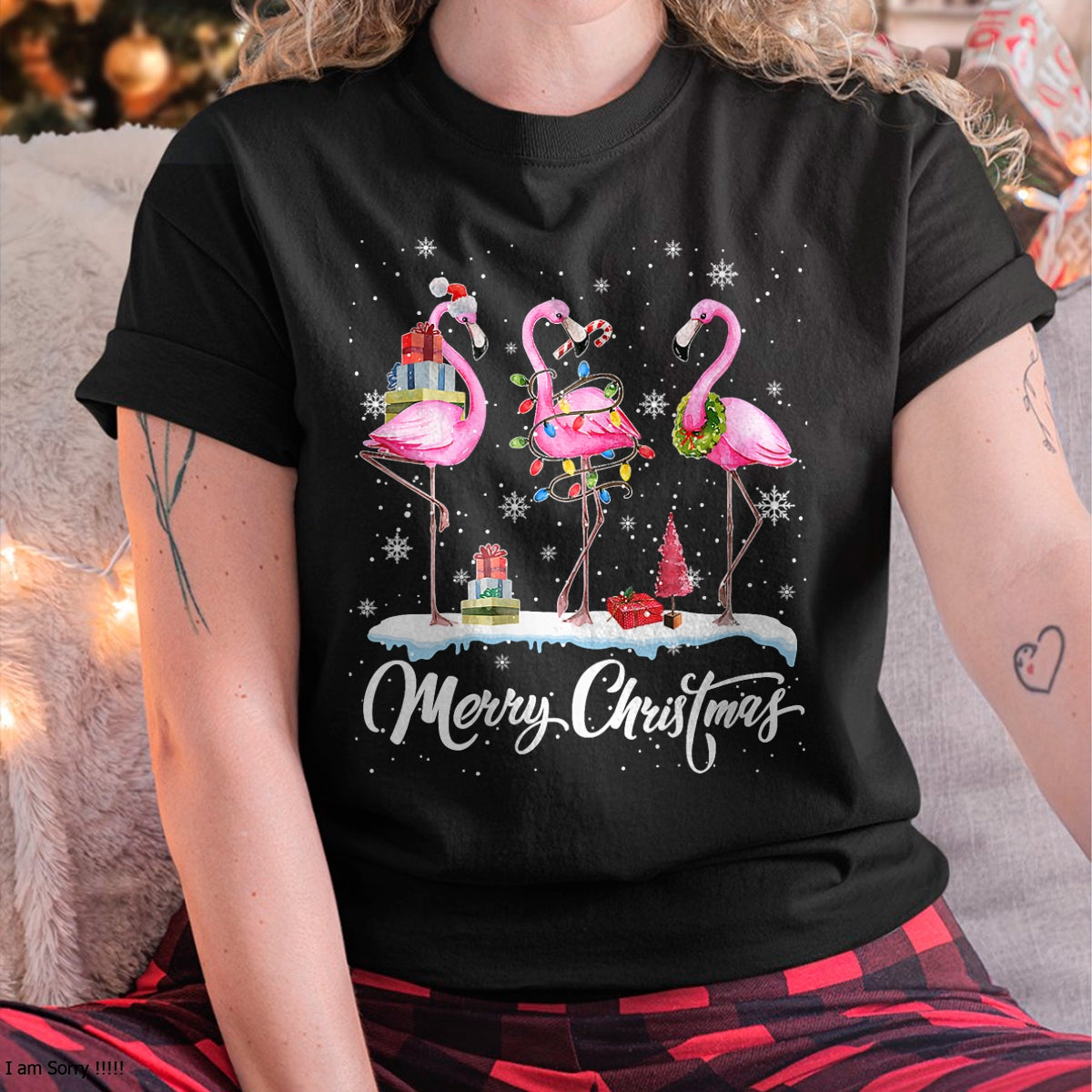 Merry Christmas Hat Santa Flamingo Light Christmas Snow T-Shirt - Christmas Unisex T-Shirt/Hoodie/Sweatshirt - SNOW00