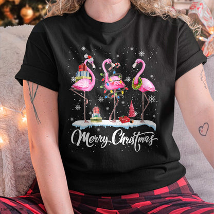 Merry Christmas Hat Santa Flamingo Light Christmas Snow T-Shirt - Christmas Unisex T-Shirt/Hoodie/Sweatshirt - SNOW00