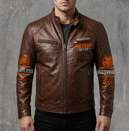 MAY Motorcycle Leather Jacket（GC) A09-258-THE DEVIL SAYS OH CRAP, HE'S UP - SNOW MALE05 (SKU2607-82-05)