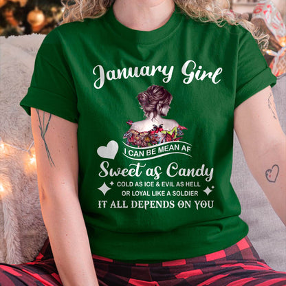 January Girl T-Shirt – Sweet As Candy, Cold As Ice - Birthday Gift for Women - SNOW01 (SKU26T-01-38-01)