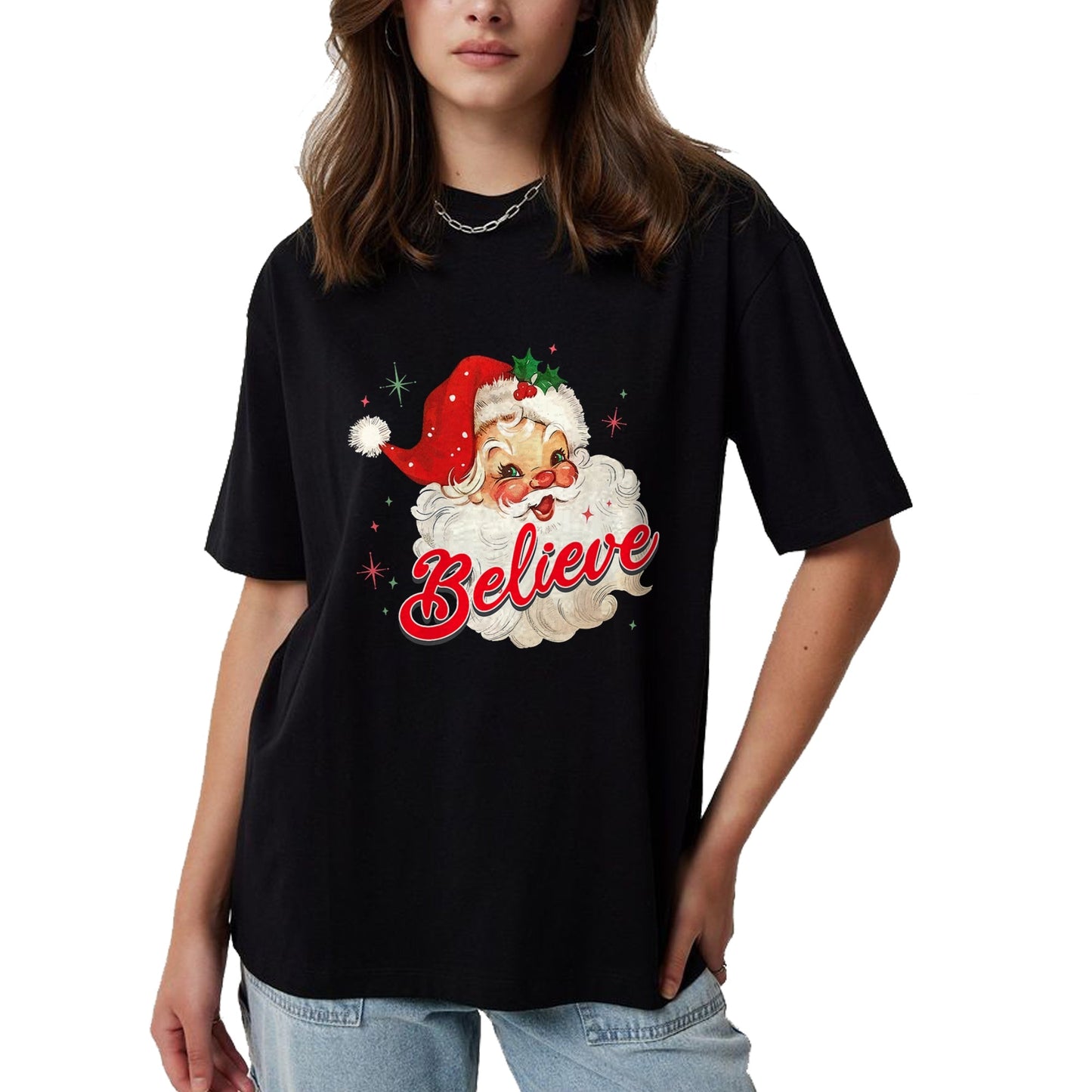Vintage Santa Claus Believe Christmas Women Boys Girls T-Shirt - Christmas Unisex T-Shirt/Hoodie/Sweatshirt - SNOW00