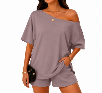 Off-center collar top and shorts set A09-763