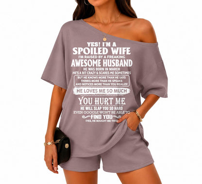Off-center collar top and shorts set A09-763. MARCH, I'M A SPOILED WIFE OF AN AWESOME MAN - GIFT SHIRT FROM HUSBAND TO WIFE (SKU2607-188-03)