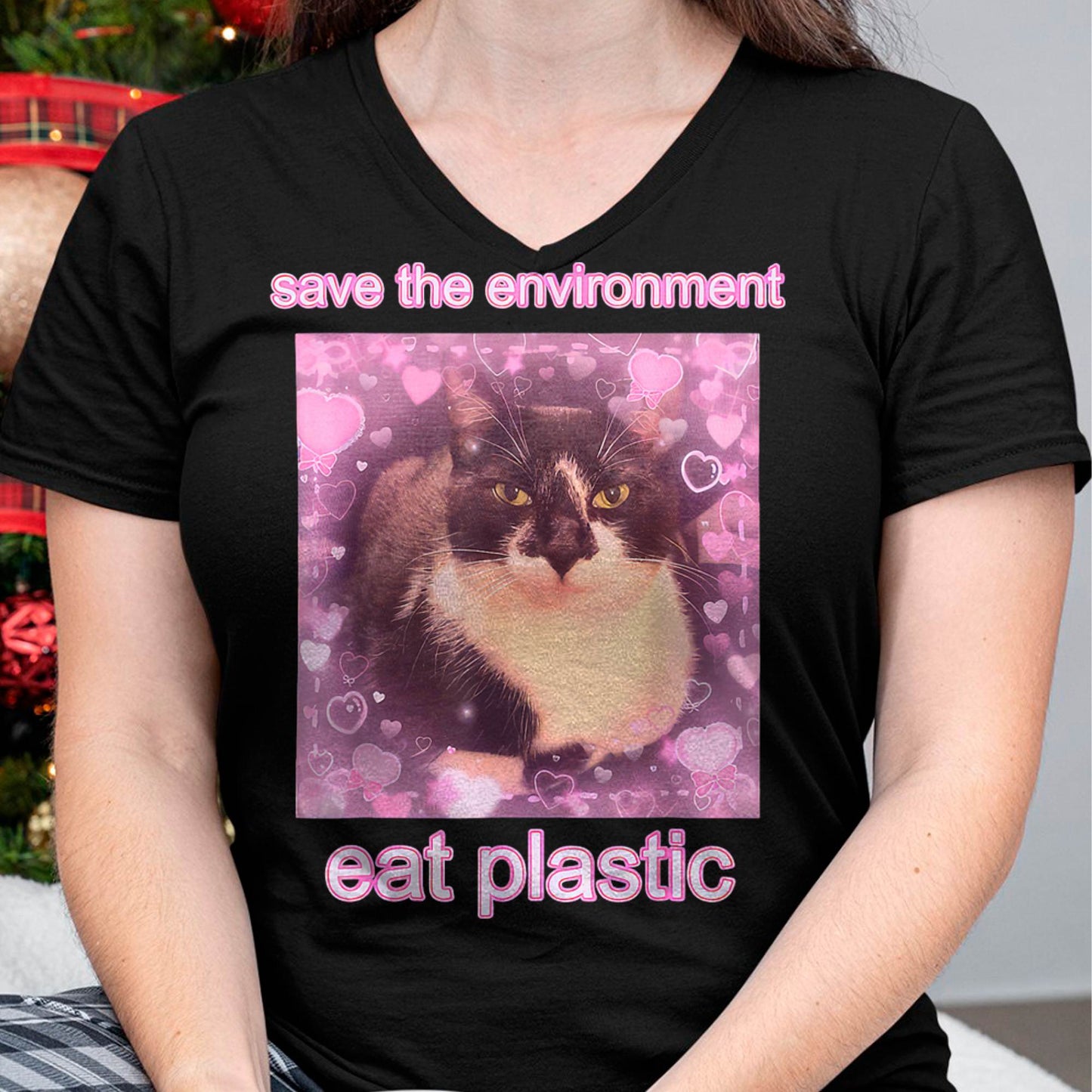 Save The Environment Eat Plastic Funny Cute Cat Meme T-Shirt