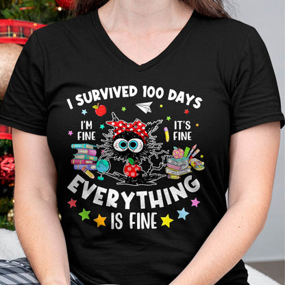 I Survived 100 Days of School Teacher Kids Funny Cat Lover T-Shirt