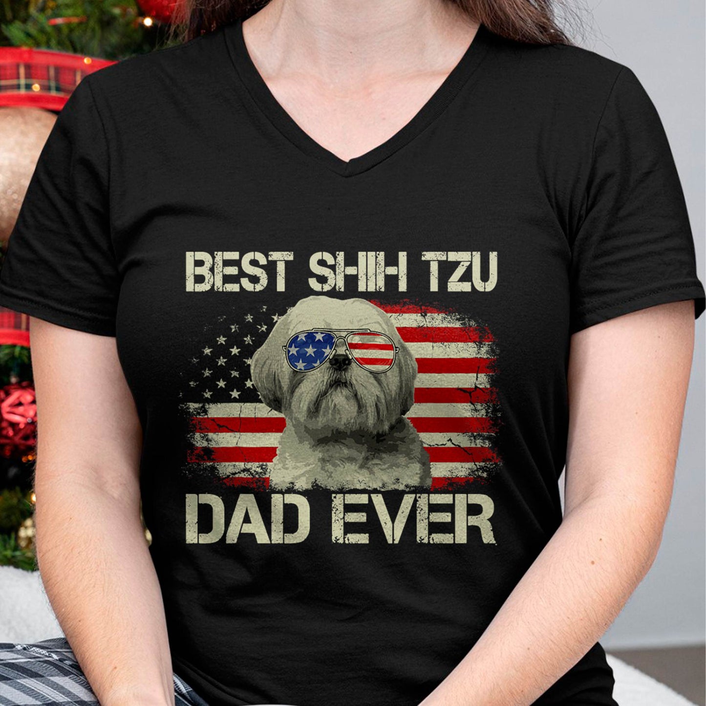 Best Shih Tzu Dad Ever Tshirt Dog Lover American Flag Gift T-Shirt