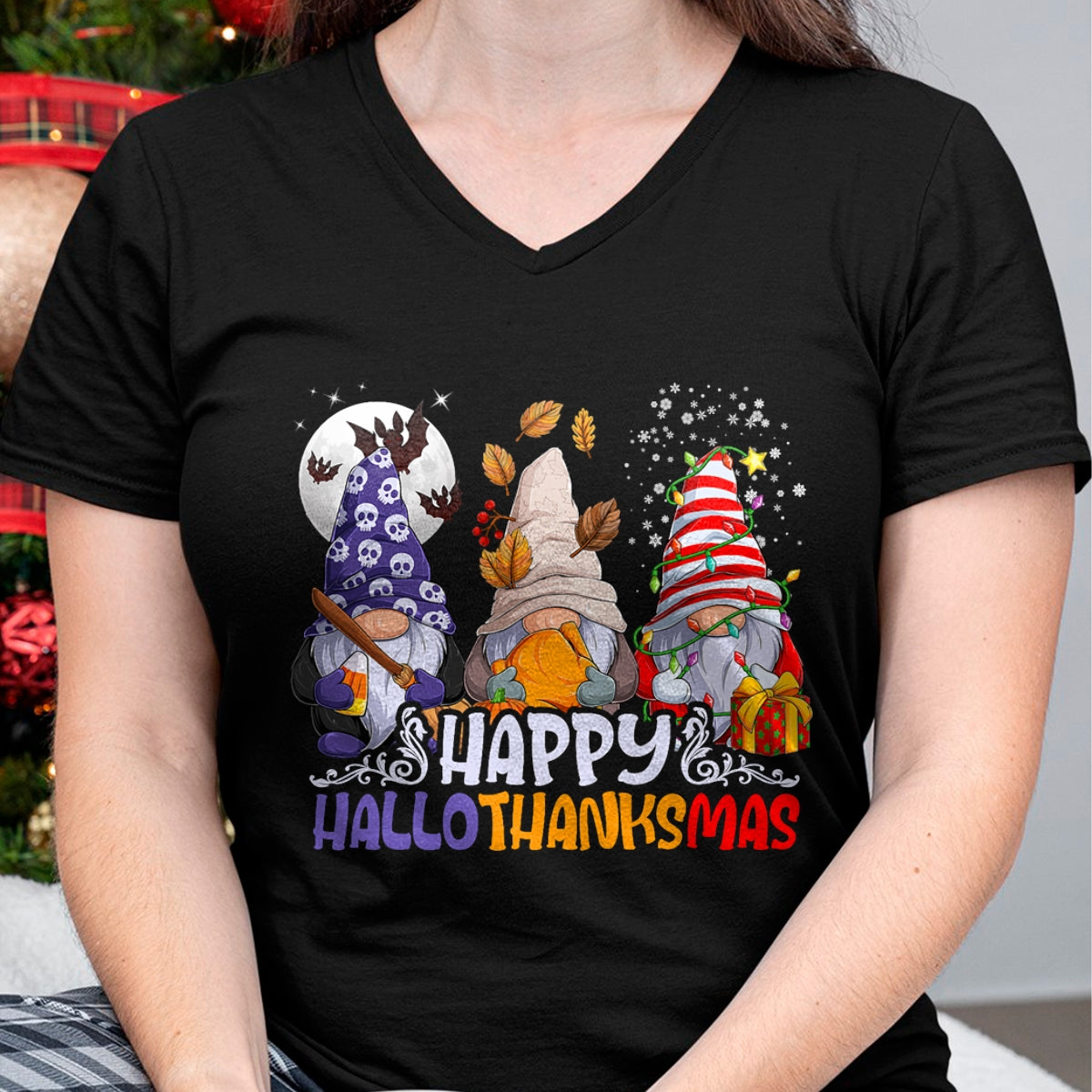 HalloThanksMas Gnomes Halloween Thanksgiving Christmas Happy T-Shirt - Christmas Unisex T-Shirt/Hoodie/Sweatshirt - SNOW00