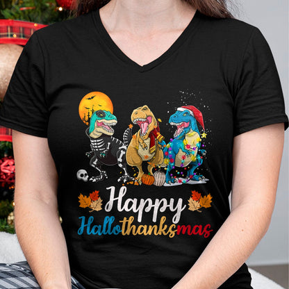 Halloween Thanksgiving Christmas Happy HalloThanksMas T rex T-Shirt - Christmas Unisex T-Shirt/Hoodie/Sweatshirt - SNOW00