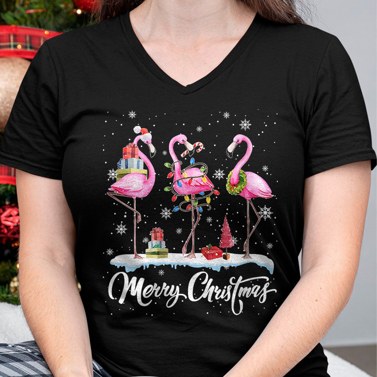 Merry Christmas Hat Santa Flamingo Light Christmas Snow T-Shirt - Christmas Unisex T-Shirt/Hoodie/Sweatshirt - SNOW00