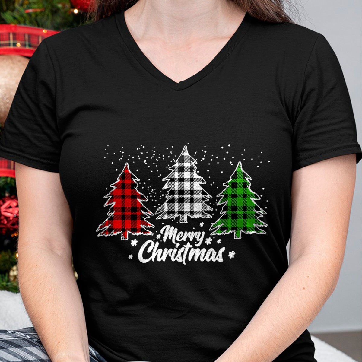 Merry Christmas Tree Xmas Buffalo Plaid Red White Green T-Shirt - Christmas Unisex T-Shirt/Hoodie/Sweatshirt - SNOW00