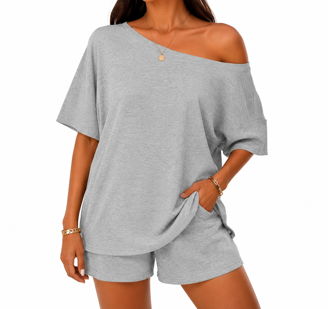 Off-center collar top and shorts set A09-763