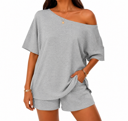 Off-center collar top and shorts set A09-763