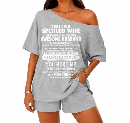Off-center collar top and shorts set A09-763. JULY, I'M A SPOILED WIFE OF AN AWESOME MAN - GIFT SHIRT FROM HUSBAND TO WIFE (SKU2607-188-07)
