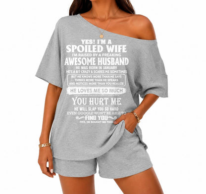 Off-center collar top and shorts set A09-763. JANUARY, I'M A SPOILED WIFE OF AN AWESOME MAN - GIFT SHIRT FROM HUSBAND TO WIFE (SKU2607-188-01)