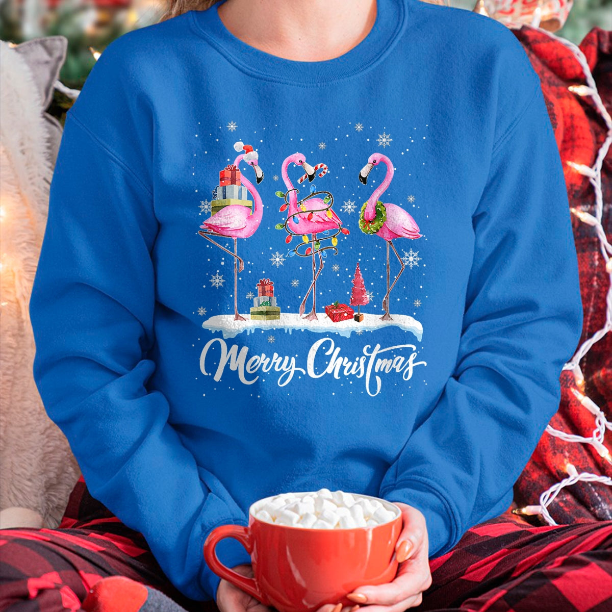Merry Christmas Hat Santa Flamingo Light Christmas Snow T-Shirt - Christmas Unisex T-Shirt/Hoodie/Sweatshirt - SNOW00